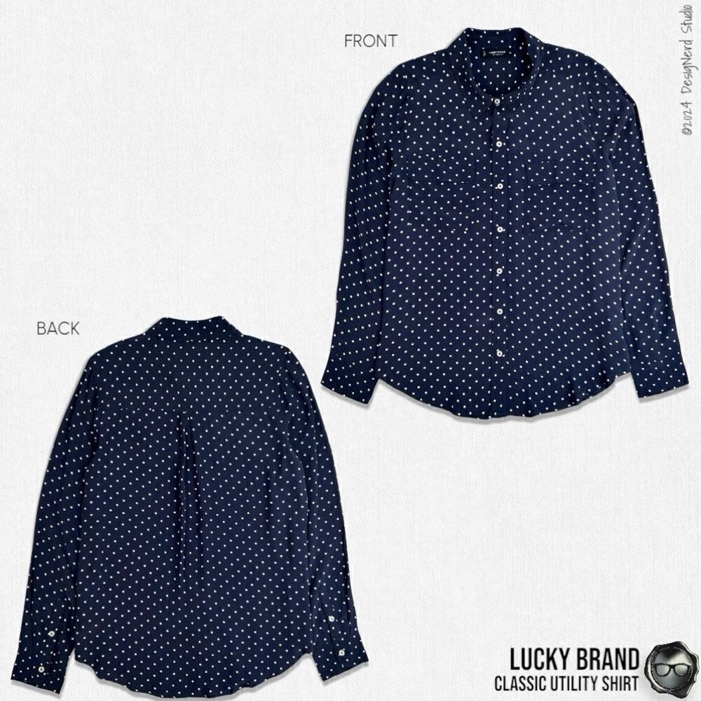 LUCKY BRAND CLASSIC UTILITY BUTTON DOWN SHIRT IN NAVY WHITE DOTS WOMEN’S SIZE M - Picture 14 of 14